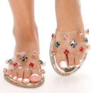 NEW Pazzle Jewel Embellished Rhinestone Trim Flat Slide Sandals sz 6
